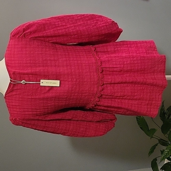 Max Studio Pink Textured Boho Crochet Trim Empire Waist Top - Size XS - Picture 3 of 9